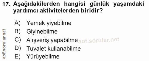 17. soru: Aşağıdakilerden hangisi günlük yaşamdaki yardımcı aktivitelerden biridir? A) Yemek yiyebilme B) Giyinebilme C) Alışve…
