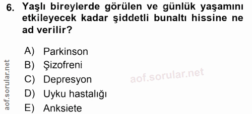 6. soru: Yaşlı bireylerde görülen ve günlük yaşamını etkileyecek kadar şiddetli bunaltı hissine ne ad verilir? A) Parkinson B)…