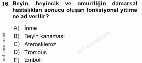 16. soru: Beyin, beyincik ve omuriliğin damarsal hastalıkları sonucu oluşan fonksiyonel yitime ne ad verilir? A) Inme B) Beyin…