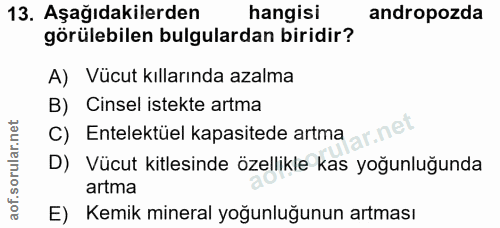 13. soru: Aşağıdakilerden hangisi andropozda görülebilen bulgulardan biridir? A) Vücut kıllarında azalma B) Cinsel istekte artm…