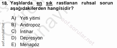 18. soru: Yaşlılarda en sık rastlanan ruhsal sorun aşağıdakilerden hangisidir? A) Yeti yitimi B) Andropoz C) Intihar D) Depresy…