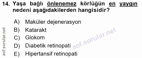 14. soru: Yaşa bağlı önlenemez körlüğün en yaygın nedeni aşağıdakilerden hangisidir? A) Maküler dejenerasyon B) Katarakt D) Dia…