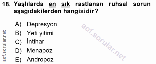 18. soru: Yaşlılarda en sık rastlanan ruhsal sorun aşağıdakilerden hangisidir? A) Depresyon B) Yeti yitimi C) Intihar D) Menapo…