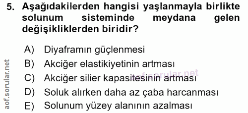 5. soru: Aşağıdakilerden hangisi yaşlanmayla birlikte solunum sisteminde meydana gelen değişikliklerden biridir? A) Diyaframın…