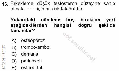 16. soru: Erkeklerde düşük testosteron düzeyine sahip olmak --- için bir risk faktörüdür. Yukarıdaki cümlede boş bırakılan yeri…
