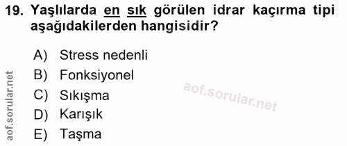 19. soru: Yaşlılarda en sık görülen idrar kaçırma tipi aşağıdakilerden hangisidir? A) Stress nedenli B) Fonksiyonel C) Sıkışma…