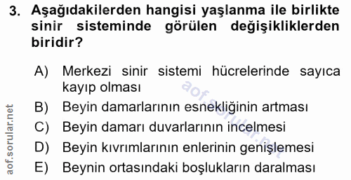 3. soru: Aşağıdakilerden hangisi yaşlanma ile birlikte sinir sisteminde görülen değişikliklerden biridir? A) Merkezi sinir sis…