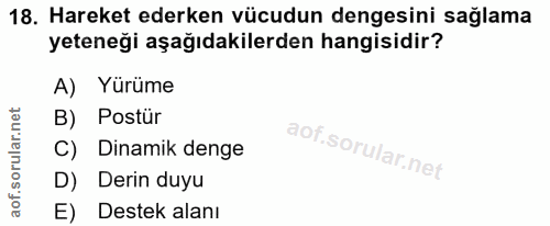 18. soru: Hareket ederken vücudun dengesini sağlama yeteneği aşağıdakilerden hangisidir? A) Yurüme B) Postür C) Dinamik denge D…