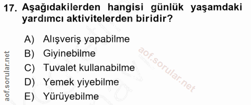 17. soru: Aşağıdakilerden hangisi günlük yaşamdaki yardımcı aktivitelerden biridir? A) Alışveriş yapabilme B) Giyinebilme C) Tu…