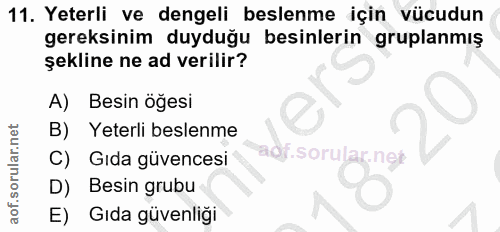 11. soru: Yeterli ve dengeli beslenme için vücudun gereksinim duyduğu besinlerin gruplanmış şekline ne ad verilir? A) Besin öğe…