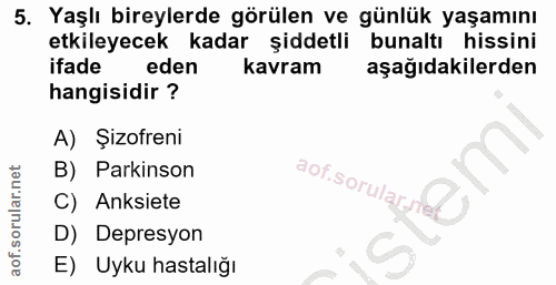 5. soru: Yaşlı bireylerde görülen ve günlük yaşamını etkileyecek kadar şiddetli bunaltı hissini ifade eden kavram aşağıdakiler…