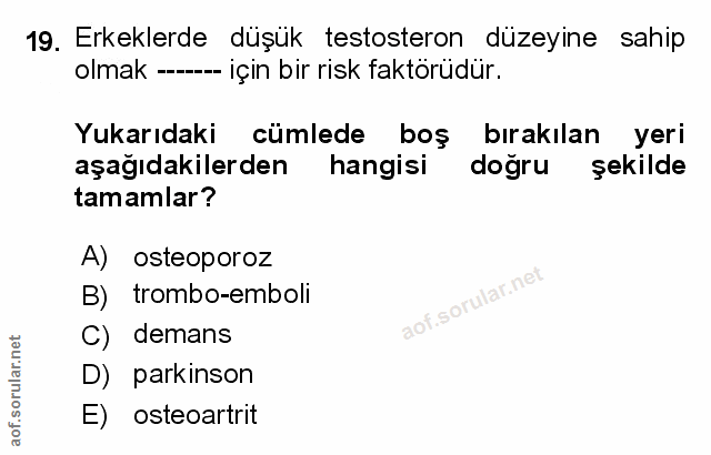 19. soru: Erkeklerde düşük testosteron düzeyine sahip olmak ---- için bir risk faktörüdür. Yukarıdaki cümlede boş bırakılan yer…