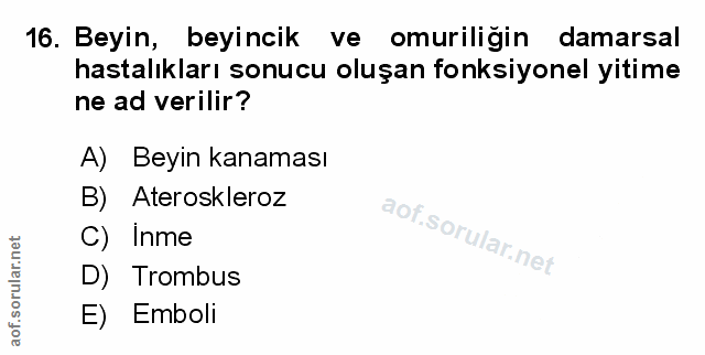 16. soru: Beyin, beyincik ve omuriligin damarsal hastalıkları sonucu oluşan fonksiyonel yitime ne ad verilir? A) Beyin kanaması…