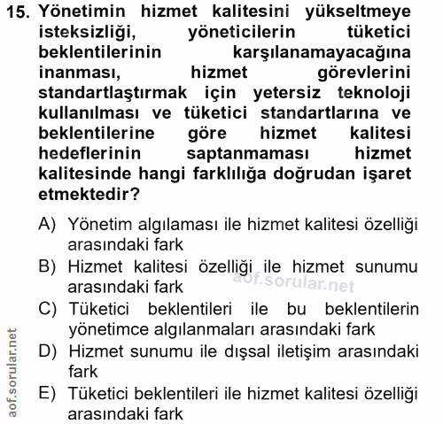 15. soru: Yönetimin hizmet kalitesini yükseltmeye isteksizliği, yöneticilerin tüketici beklentilerinin karşılanamayacağına inan…