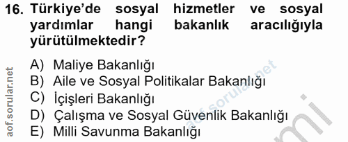 16. soru: Türkiye'de sosyal hizmetler ve sosyal yardımlar hangi bakanlık aracılığıyla yürütülmektedir? A) Maliye Bakanlığı B) A…