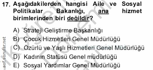 17. soru: Aşağıdakilerden hangisi Aile ve Sosyal Politikalar Bakanlığı, ana hizmet birimlerinden biri değildir? A) Strateji Gel…