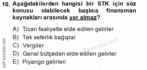 10. soru: Aşağıdakilerden hangisi bir STK için söz konusu olabilecek başlıca finansman kaynakları arasında yer almaz? A) Ticari…