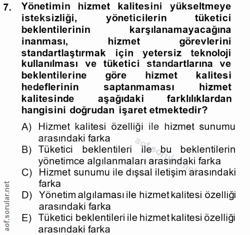 7. soru: Yönetimin hizmet kalitesini yükseltmeye isteksizliği, yöneticilerin tüketici beklentilerinin karşılanamayacağına inan…