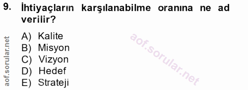 9. soru: İhtiyaçların karşılanabilme oranına ne ad verilir? A) Kalite B) Misyon C) Vizyon D) Hedef E) Strateji
