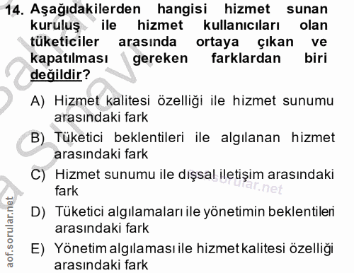 14. soru: Aşağıdakilerden hangisi hizmet sunan kuruluş ile hizmet kullanıcıları olan tüketiciler arasında ortaya çıkan ve kapat…