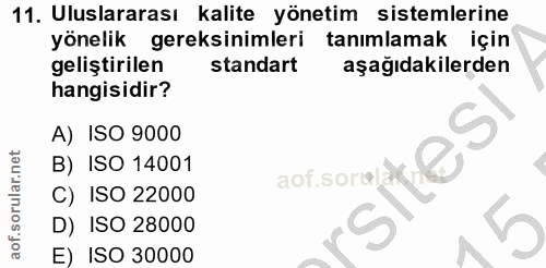11. soru: Uluslararası kalite yönetim sistemlerine yönelik gereksinimleri tanimlamak için geliştirilen standart aşağıdakilerden…