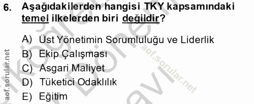 6. soru: Aşağıdakilerden hangisi TKY kapsamındaki temel ilkelerden biri değildir? A) Üst Yönetimin Sorumluluğu ve Liderlik B)…