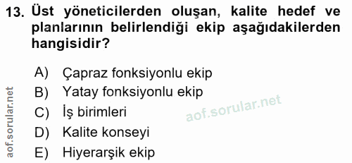 13. soru: Ust yöneticilerden oluşan, kalite hedef ve planlarının belirlendiği ekip aşağıdakilerden hangisidir? A) Çapraz fonksi…