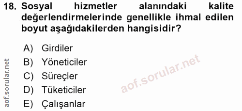 18. soru: Sosyal hizmetler alanındaki Kalite değerlendirmelerinde genellikle ihmal edilen boyut aşağıdakilerden hangisidir? A)…