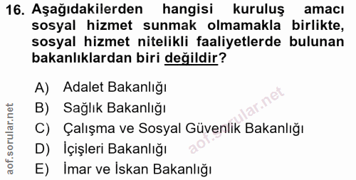 16. soru: Aşağıdakilerden hangisi kuruluş amacı sosyal hizmet sunmak olmamakla birlikte, sosyal hizmet nitelikli faaliyetlerde…