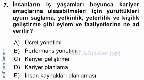 7. soru: Insanların iş yaşamları boyunca kariyer amaçlarına ulaşabilmeleri için yürüttükleri uyum sağlama, yetkinlik, yeterlil…