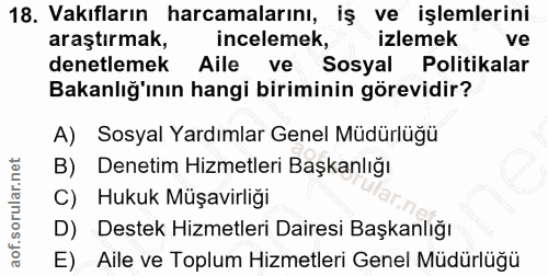 18. soru: Vakıfların harcamalarını, iş ve işlemlerini araştırmak, incelemek, izlemek ve denetlemek Aile ve Sosyal Politikalar B…