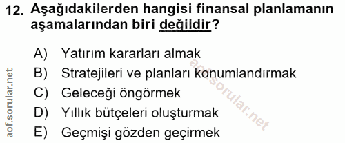 12. soru: Aşağıdakilerden hangisi finansal planlamanın aşamalarından biri değildir? A) Yatırım kararları almak B) Stratejileri…