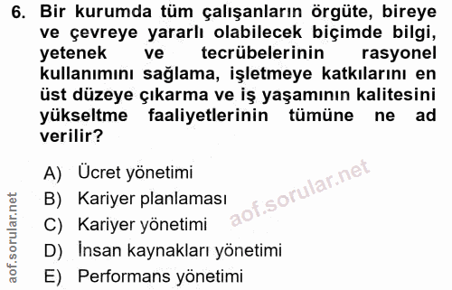 6. soru: Bir kurumda tüm çalışanların örgüte, bireye ve çevreye yararlı olabilecek biçimde bilgi, yetenek ve tecrübelerinin ra…