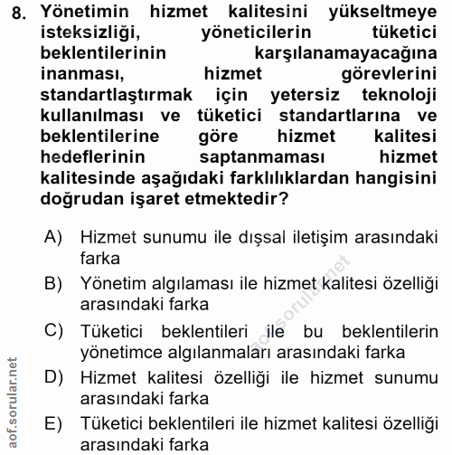 8. soru: Yönetimin hizmet kalitesini yükseltmeye isteksizliği, yöneticilerin tüketici beklentilerinin karşılanamayacağına inan…