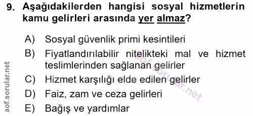 9. soru: Aşağıdakilerden hangisi sosyal hizmetlerin kamu gelirleri arasında yer almaz? A) Sosyal güvenlik primi kesintileri B)…