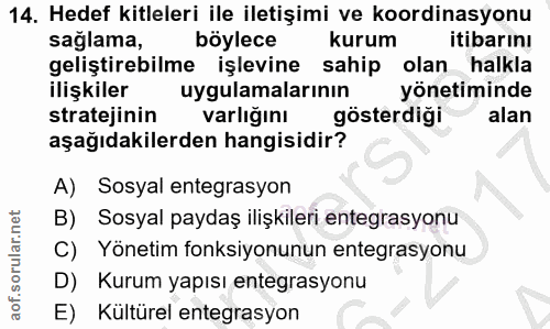 14. soru: Hedef kitleleri ile iletişimi ve koordinasyonu saglama, böylece kurum itibarını geliştirebilme işlevine sahip olan ha…