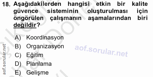18. soru: Aşağıdakilerden hangisi etkin bir kalite güvence sisteminin oluşturulması için öngörülen çalışmanın aşamalarından bir…