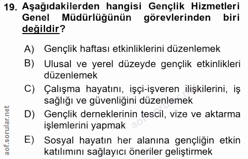 19. soru: Aşağıdakilerden hangisi Gençlik Hizmetleri Genel Müdürlüğünün görevlerinden biri değildir? A) Gençlik haftası etkinli…
