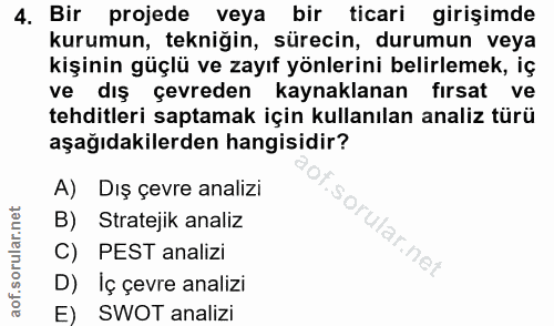 4. soru: Bir projede veya bir ticari girişimde kurumun, tekniğin, sürecin, durumun veya kişinin güçlü ve zayıf yönlerini belir…