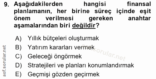 9. soru: Aşağıdakilerden hangisi finansal planlamanın, her birine süreç içinde eşit önem verilmesi gereken anahtar aşamalarınd…