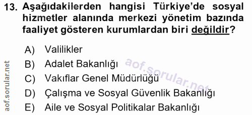 13. soru: Aşağıdakilerden hangisi Türkiye'de sosyal hizmetler alanında merkezi yönetim bazında faaliyet gösteren kurumlardan bi…