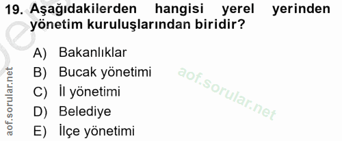 19. soru: Aşağıdakilerden hangisi yerel yerinden yönetim kuruluşlarından biridir? A) Bakanlıklar B) Bucak yönetimi C) II yöneti…