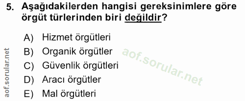 5. soru: Aşağıdakilerden hangisi gereksinimlere göre örgüt türlerinden biri değildir? A) Hizmet örgütleri B) Organik örgütler…