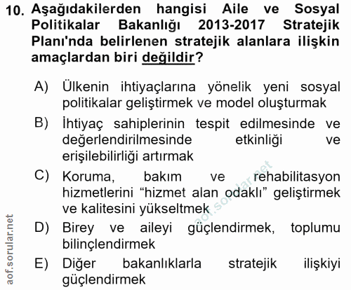 10. soru: Aşağıdakilerden hangisi Aile ve Sosyal Politikalar Bakanlığı 2013-2017 Stratejik Planı'nda belirlenen stratejik alanl…
