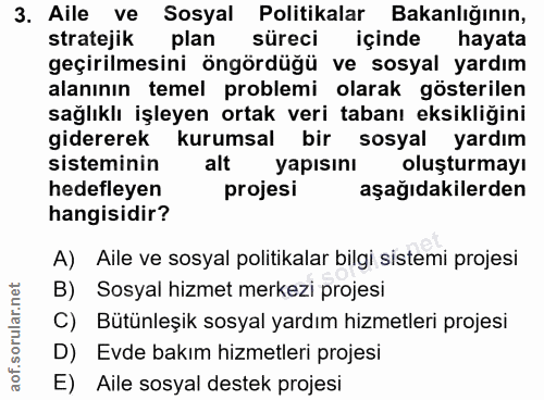 3. soru: Aile ve Sosyal Politikalar Bakanlığının, stratejik plan süreci içinde hayata geçirilmesini öngördüğü ve sosyal yardım…