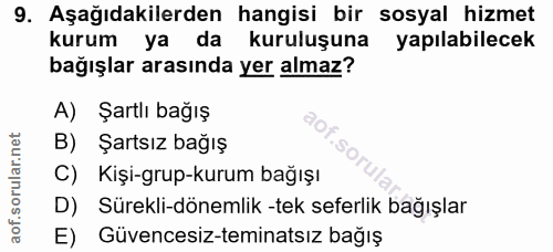9. soru: Aşağıdakilerden hangisi bir sosyal hizmet kurum ya da kuruluşuna yapılabilecek bağışlar arasında yer almaz? A) Şartlı…