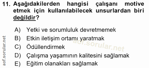 11. soru: Aşağıdakilerden hangisi çalışanı motive etmek için kullanılabilecek unsurlardan biri değildir? A) Yetki ve sorumluluk…
