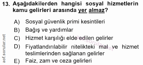 13. soru: Aşağıdakilerden hangisi sosyal hizmetlerin kamu gelirleri arasında yer almaz? A) Sosyal güvenlik primi kesintileri B)…