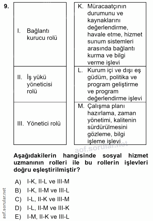 9. soru: K. Müracaatçının durumunu ve kaynaklarını I. Bağlantı değerlendirme, kurucu rolü havale etme, hizmet sunum sistemleri…
