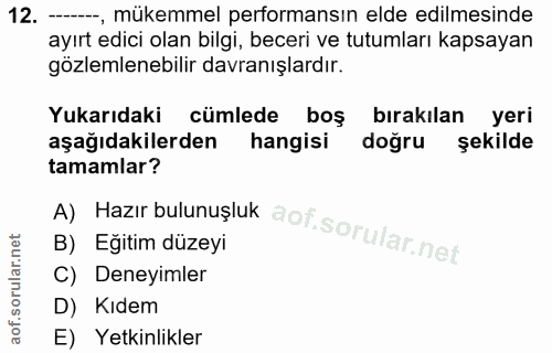 12. soru: -, mükemmel performansın elde edilmesinde ayırt edici olan bilgi, beceri ve tutumları kapsayan gözlemlenebilir davran…